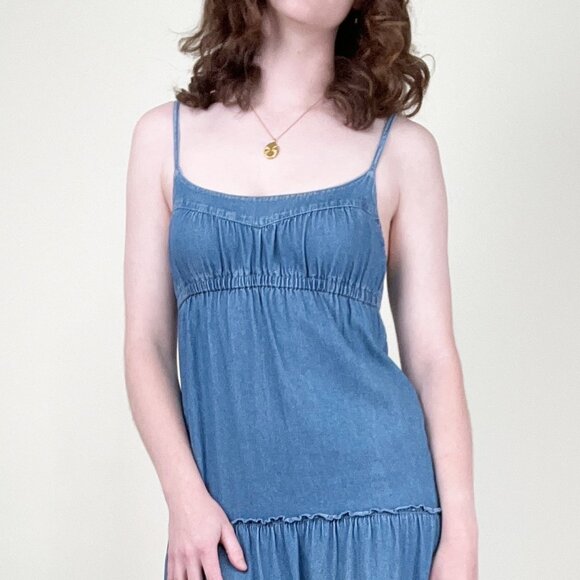 Vintage Tiered Maxi Denim Jean Dress Boho Coastal Cowgirl Western Bohemian Beach - Picture 3 of 9